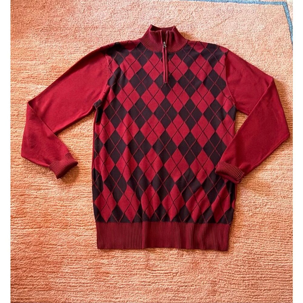 Carbon Sweater XL Red Black Argyle 100% Cotton Quarter Zip Pullover